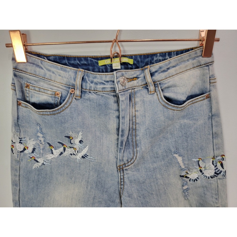 Gianni Bini Womens Embroidered Bird Distressed Light Wash Straight Leg Jeans S - Picture 4 of 8